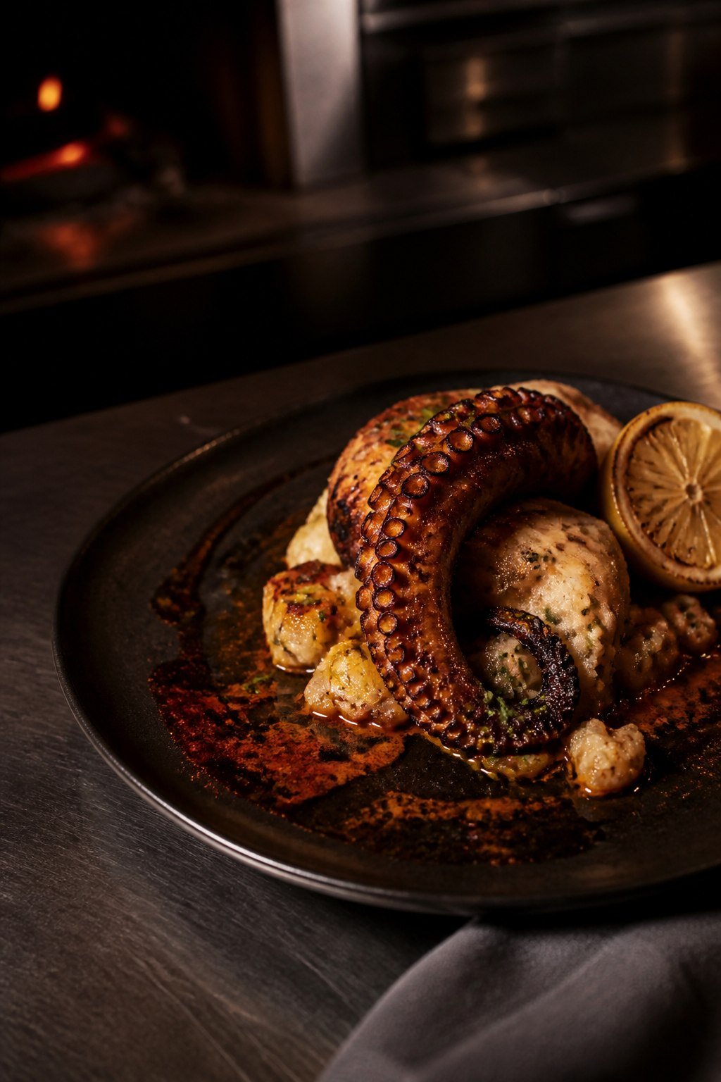 Gegrillter Oktopus mit Kartoffel und Zitrone